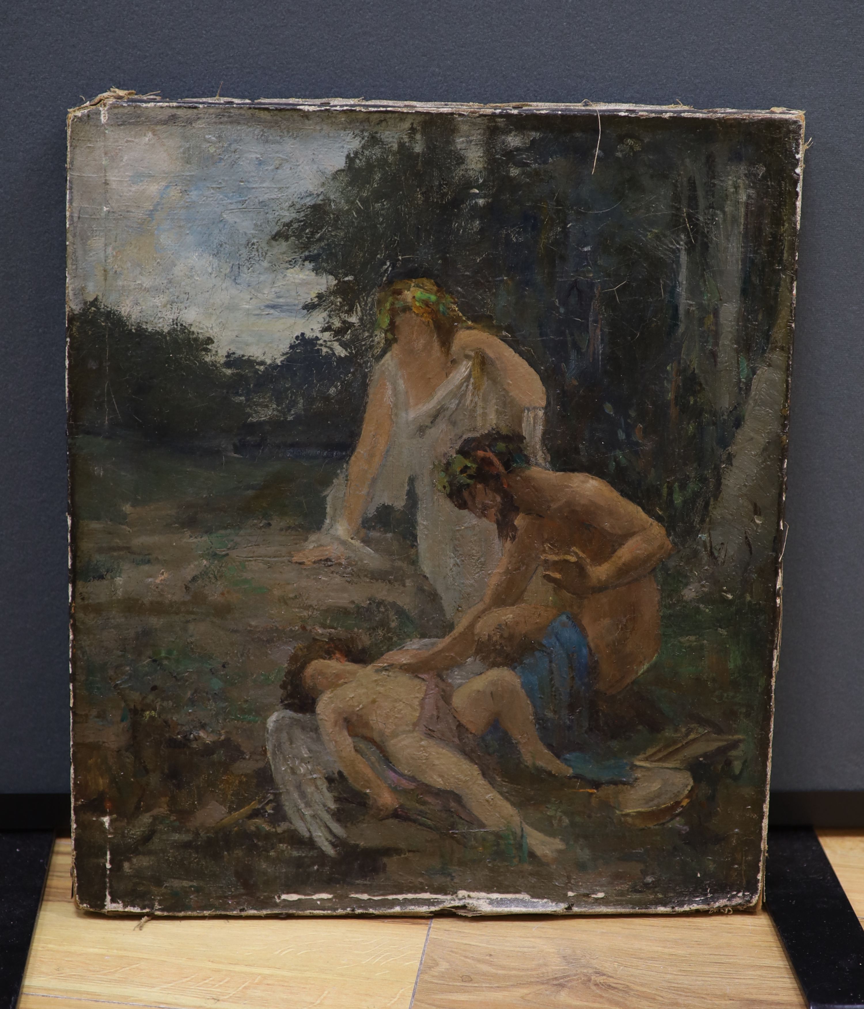 19th Century Continental School, study of classical figures attending a fallen or slumbering putto, oil on canvas, unframed, signed to frame verso, 47 x 40cm.